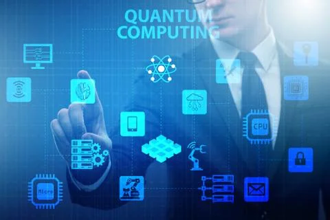 Businessman pressing virtual button in quantum computing concept 스톡 사진