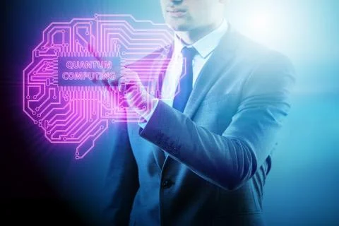 Businessman pressing virtual button in quantum computing concept Stock-Fotos