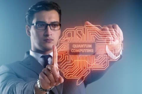 Businessman pressing virtual button in quantum computing concept 写真素材