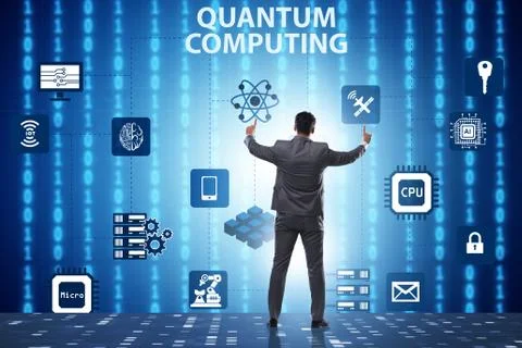 Businessman pressing virtual button in quantum computing concept Stock-Fotos