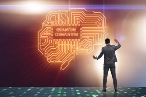 Businessman pressing virtual button in quantum computing concept Stockfoto's