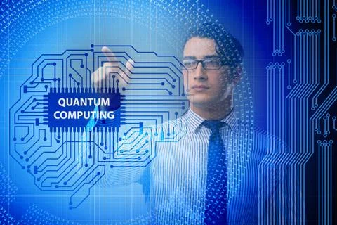 Businessman pressing virtual button in quantum computing concept Stock Photos