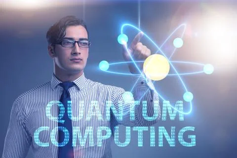 Businessman pressing virtual button in quantum computing concept 库存照片