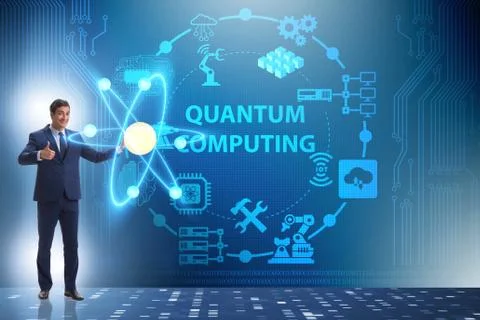 Businessman pressing virtual button in quantum computing concept 库存照片