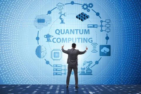 Businessman pressing virtual button in quantum computing concept Stockfoto's