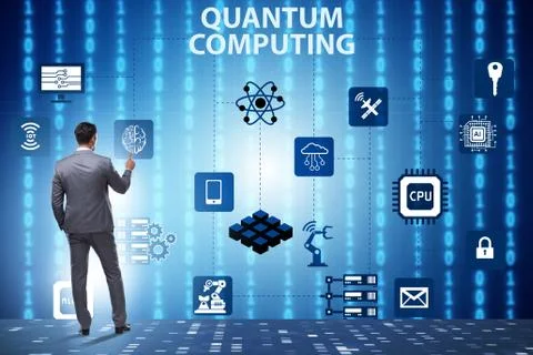 Businessman pressing virtual button in quantum computing concept Stock Photos