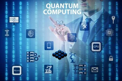 Businessman pressing virtual button in quantum computing concept Stock Photos