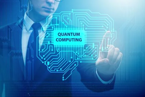 Businessman pressing virtual button in quantum computing concept 库存照片