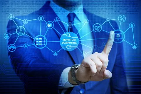 Businessman pressing virtual button in quantum computing concept 库存照片