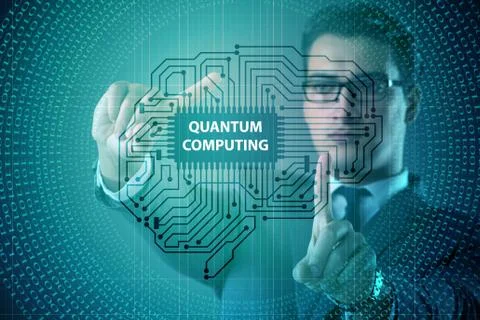 Businessman pressing virtual button in quantum computing concept Stock Photos