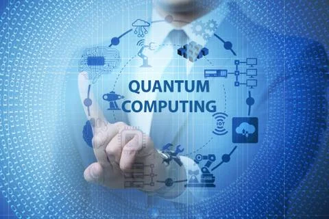 Businessman pressing virtual button in quantum computing concept 写真素材