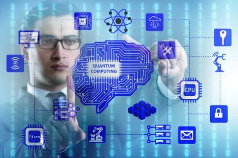 Businessman pressing virtual button in quantum computing concept 스톡 사진