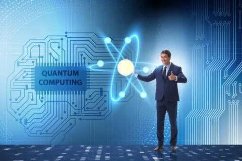 Businessman pressing virtual button in quantum computing concept 库存照片