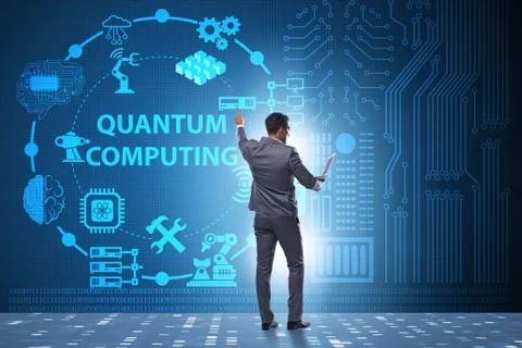 Businessman pressing virtual button in quantum computing concept Stock Photos