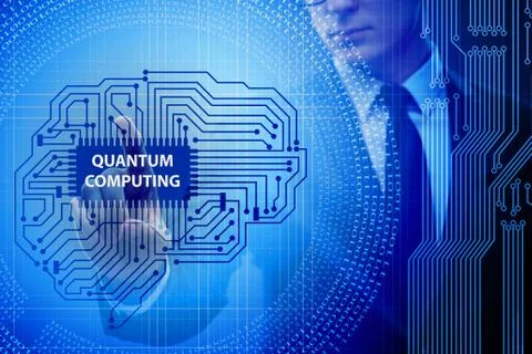 Businessman pressing virtual button in quantum computing concept 스톡 사진