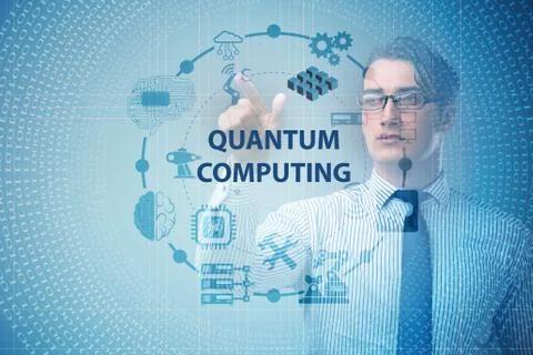 Businessman pressing virtual button in quantum computing concept 写真素材