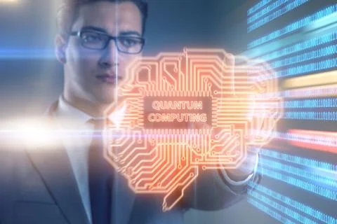 Businessman pressing virtual button in quantum computing concept Stock Photos
