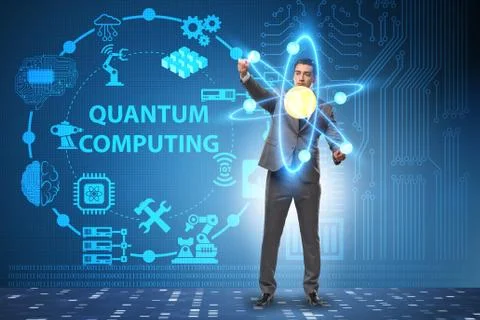 Businessman pressing virtual button in quantum computing concept 库存照片
