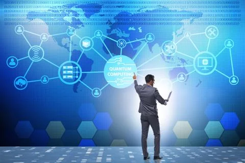 Businessman pressing virtual button in quantum computing concept Stockfoto's
