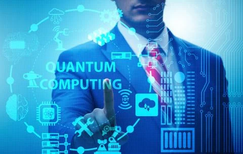 Businessman pressing virtual button in quantum computing concept Stock-Fotos