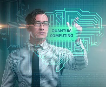 Businessman pressing virtual button in quantum computing concept Stock-Fotos