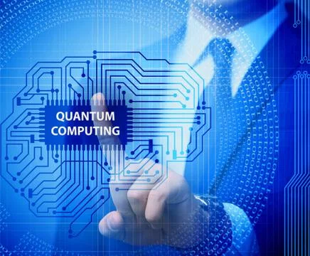 Businessman pressing virtual button in quantum computing concept Stock Photos