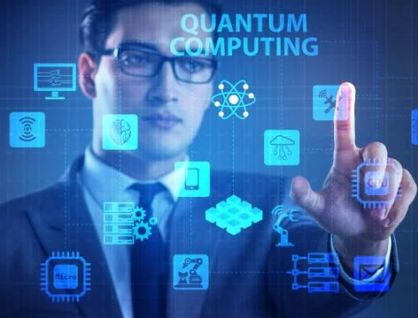 Businessman pressing virtual button in quantum computing concept 库存照片