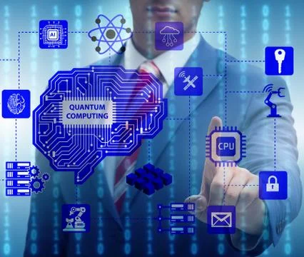 Businessman pressing virtual button in quantum computing concept 写真素材