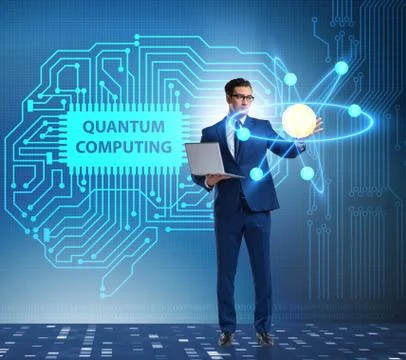 Businessman pressing virtual button in quantum computing concept 스톡 사진