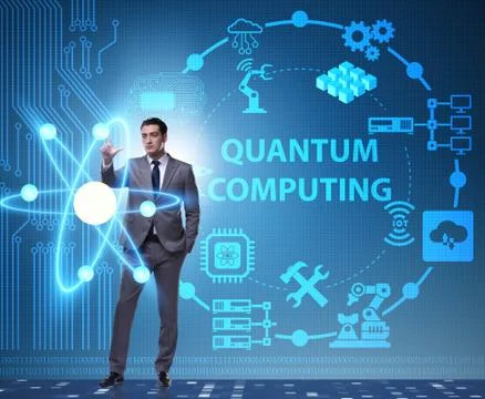 Businessman pressing virtual button in quantum computing concept 库存照片