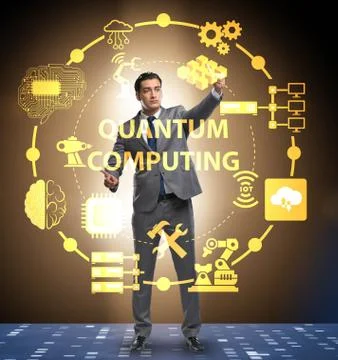 Businessman pressing virtual button in quantum computing concept 库存照片