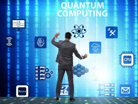 Businessman pressing virtual button in quantum computing concept 库存照片
