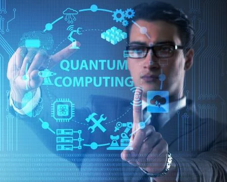 Businessman pressing virtual button in quantum computing concept Stockfoto's