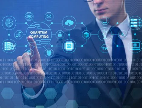 Businessman pressing virtual button in quantum computing concept 库存照片