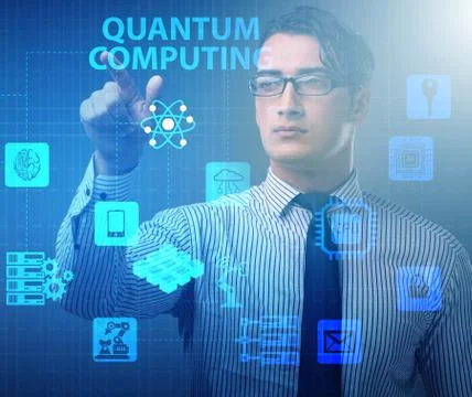 Businessman pressing virtual button in quantum computing concept 写真素材