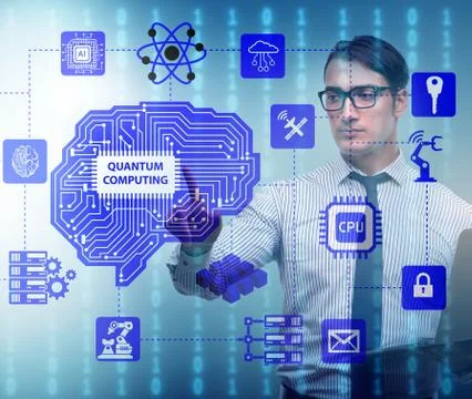 Businessman pressing virtual button in quantum computing concept 스톡 사진