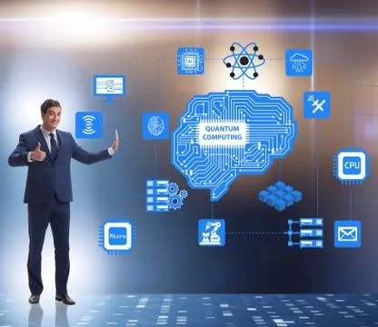 Businessman pressing virtual button in quantum computing concept Stockfoto's