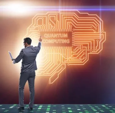 Businessman pressing virtual button in quantum computing concept Stockfoto's