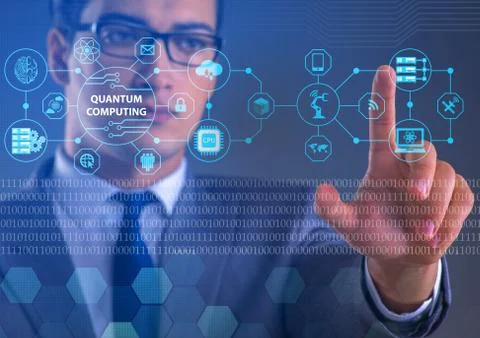 Businessman pressing virtual button in quantum computing concept 库存照片