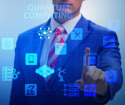 Businessman pressing virtual button in quantum computing concept 库存照片