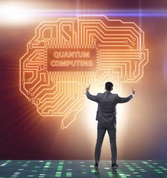 Businessman pressing virtual button in quantum computing concept 库存照片
