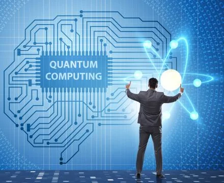 Businessman pressing virtual button in quantum computing concept 库存照片