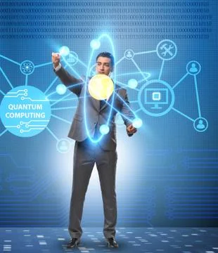 Businessman pressing virtual button in quantum computing concept 写真素材