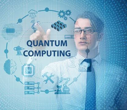 The businessman pressing virtual button in quantum computing con Stockfoto's