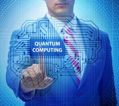 Businessman pressing virtual button in quantum computing concept 写真素材