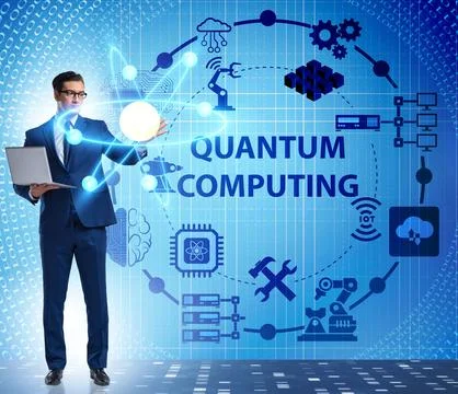 Businessman pressing virtual button in quantum computing concept 写真素材