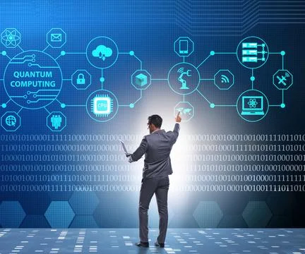 Businessman pressing virtual button in quantum computing concept 库存照片