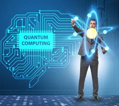 Businessman pressing virtual button in quantum computing concept Stock-Fotos