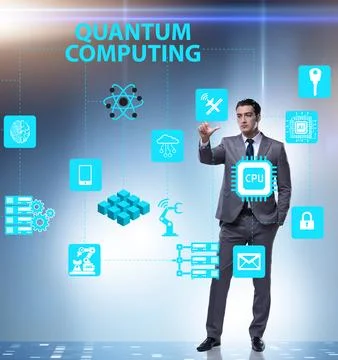 Businessman pressing virtual button in quantum computing concept Stock-Fotos