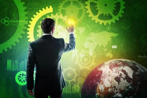 Businessman pressing virtual button on screen Stockfoto's